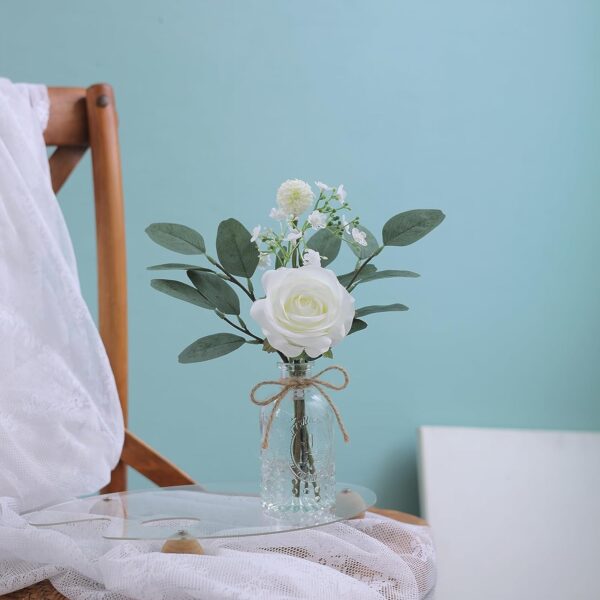 Faux Flowers with Bud Vase, Mini Artificial Silk Roses and Fake Eucalyptus in Glass - Image 6