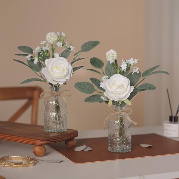 Faux Flowers with Bud Vase, Mini Artificial Silk Roses and Fake Eucalyptus in Glass - Image 2