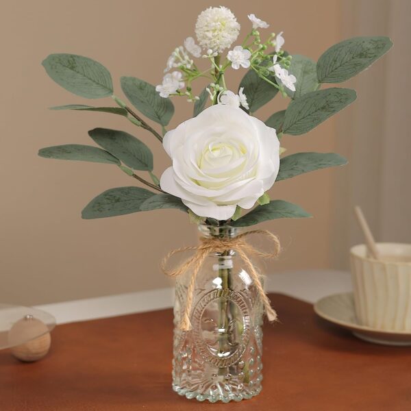 Faux Flowers with Bud Vase, Mini Artificial Silk Roses and Fake Eucalyptus in Glass