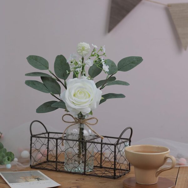 Faux Flowers with Bud Vase, Mini Artificial Silk Roses and Fake Eucalyptus in Glass - Image 4